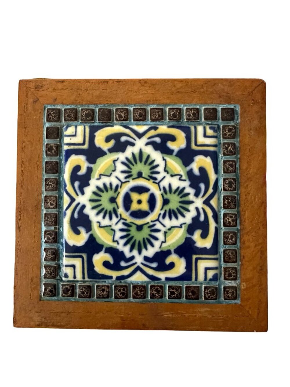 Vintage Framed Ceramic Tile Trivet Blue Green Floral Mosaic Design 7x7